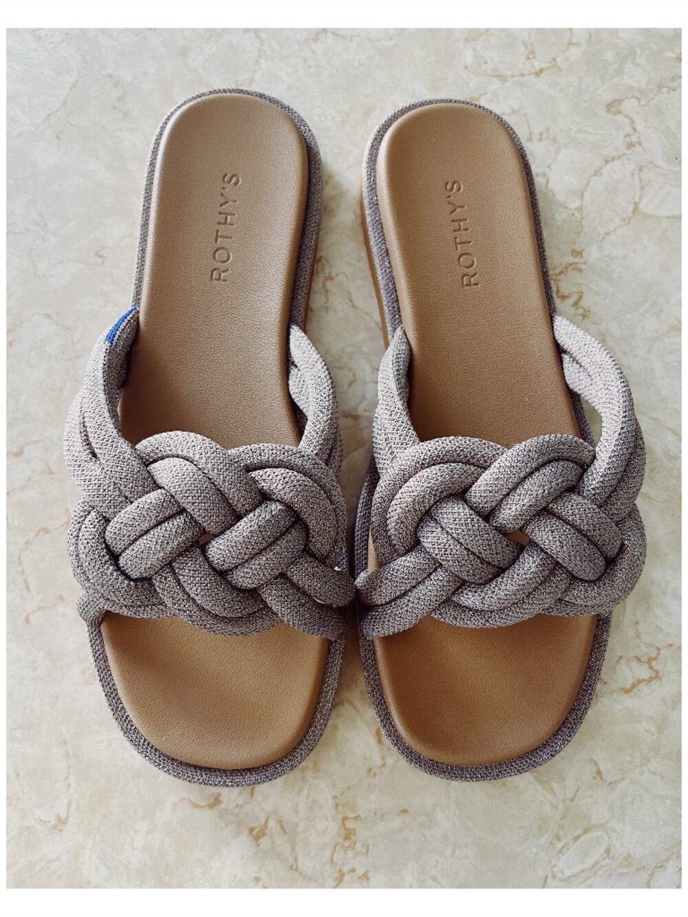 Rothy's Sz 9.5 The Knot Sandal Summer Slide in Metallic Champagne Nautical